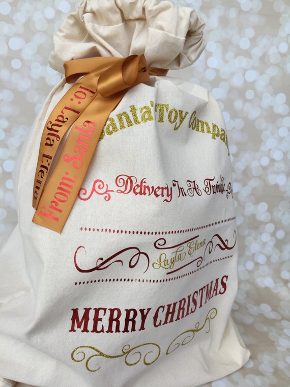 Personalized Santa Sack - Unique Christmas Gift - Present Tote - Personalized Ribbon - From Santa Present Bag Il_570xn