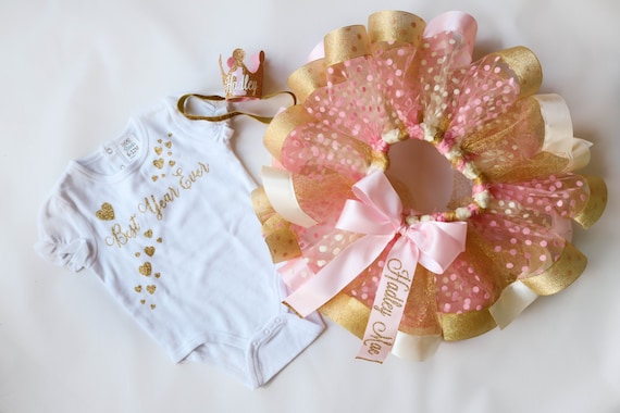 First Birthday Personalized Baby Girl Smash Cake Outfit Set in Pink and Gold Glitter Confetti Polka Dots, 1st Smash Cake Tutu, Crown, Shirt Il_570xn