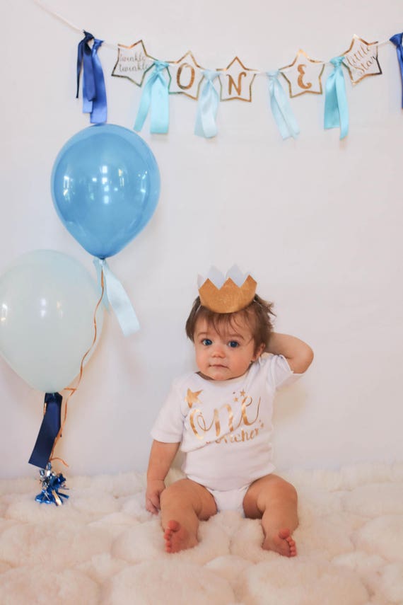 Twinkle Little Star in Gold Metallic First Birthday Set Two Piece Set for Little Boy, Personalized, Matching Crown Party Hat Il_570xn