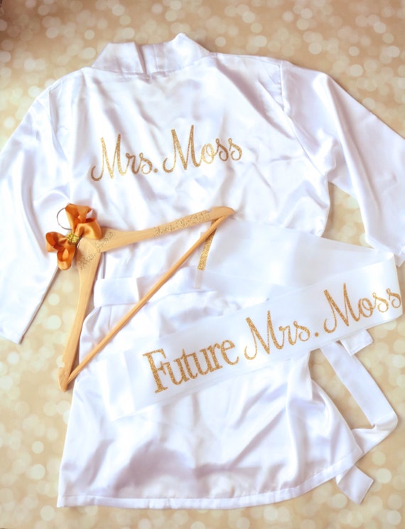 Bride Gift Set - 3-Piece Real Glitter Gift Set - Bridal Shower Gift - Gold Sparkle Robe - Personalized Hanger - Future Mrs. Sash Il_570xn