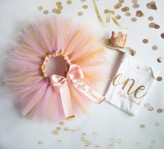 First Birthday Outfit Girl, Pink and Glitter Gold, 1st Smash Cake Party, Personalized, Birthday Tutu Il_570xn