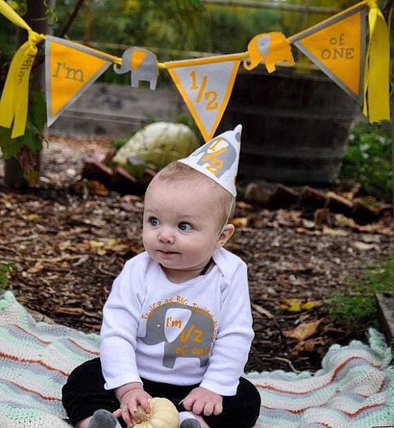 Half Birthday Set - Elephant Half Birthday - 3 Piece 1/2 Birthday Photo Prop Set - Personalized Outfit - Highchair Banner Il_570xn