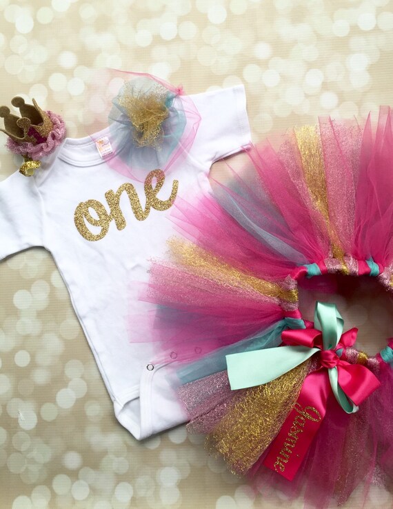 Pink Gold and Green Mint Birthday Outfit - One Script - Baby Girl Set - First Birthday - Personalized Cupcake Smash Cake Outfit Il_570xn