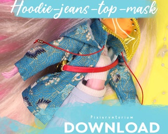 DIGITAL Download pattern & instructions | Monster Ever after 1/6 doll custom clothes OOAK - Hoodie Jeans Top Mask (simple ver.)