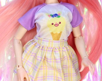 Minifee T-shirt skirt school plaid style BJD clothes outfit for 1/4 MSD doll skirt top purple yellow