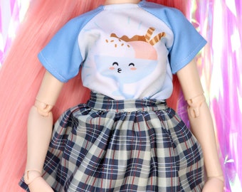 Minifee T-shirt skirt school plaid style BJD clothes outfit for 1/4 MSD doll skirt top blue