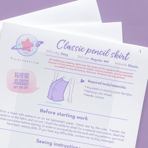 May include: A printable pattern for a classic pencil skirt for a doll. The pattern is easy to sew and requires elastic, thread, a needle, and scissors. The pattern is available for purchase from Pixiervatorium.