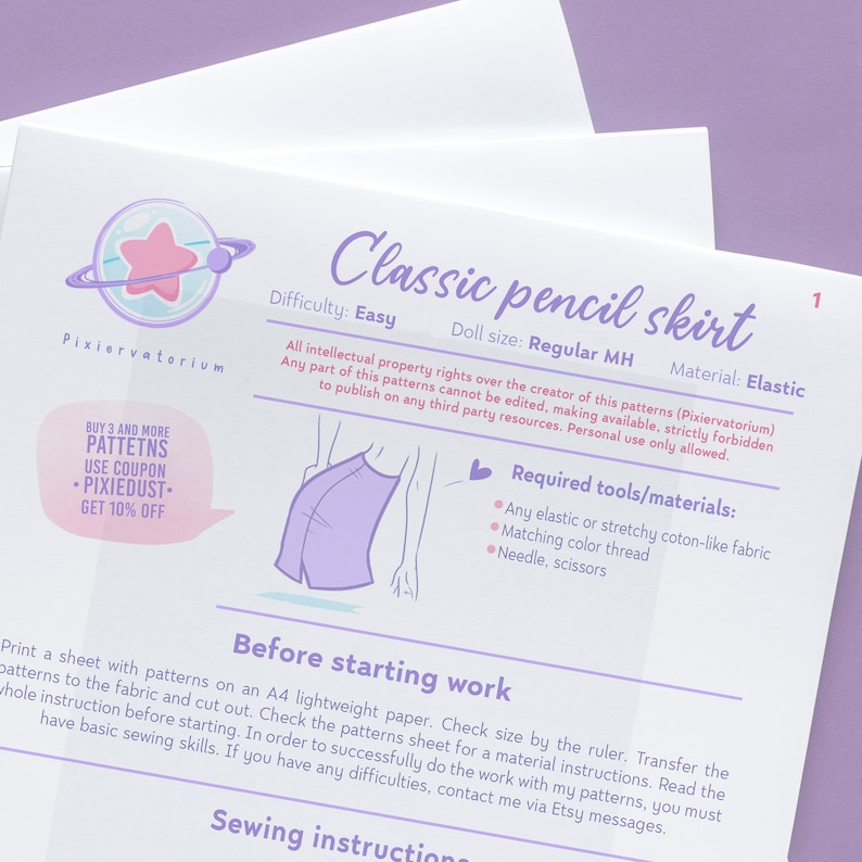May include: A printable pattern for a classic pencil skirt for a doll. The pattern is easy to sew and requires elastic, thread, a needle, and scissors. The pattern is available for purchase from Pixiervatorium.