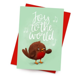 Tarjeta de Navidad - Ilustrado - Robin Cantando Alegría al Mundo - Carol