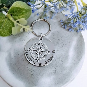 Co-ordinates Keyring, Coordinate Compass Keychain, Map Location, Navigation Keyring, GPS Gift, Travel Gift Idea, North East South West