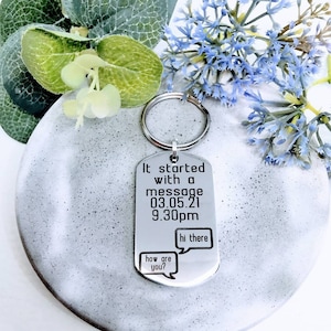 May include: Silver keyring with a message that reads "It started with a message 03.05.21 9:30pm" and two speech bubbles that say "hi there" and "how are you?"