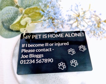Mitt husdjur är ensam hemma kreditkortsstorlek metallplakett sjuk skadad medicinsk akutkortsväska plånbok katt hund fågel ödla anpassad personlig