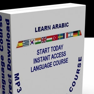 Op de afbeelding: Een witte doos met de tekst "LEARN ARABIC" en "START TODAY INSTANT ACCESS LANGUAGE COURSE" erop. De doos is gelabeld "MP3 & PDF TRAINING COURSE" en heeft verschillende vlaggen erop.