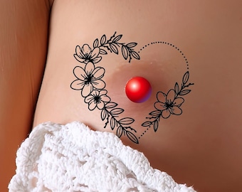 Tatuaje temporal de corazón y flores para pezón/ombligo (juego de 3)