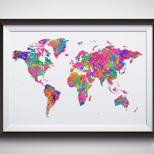 May include: A framed world map print with a colorful watercolor design. The map is painted in shades of pink, blue, green, orange, and yellow.