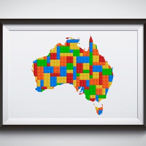 Wydrukowana mapa Australii z klocków budowlanych, dekoracja z klocków budowlanych, sztuka ścienna do pokoju dziecięcego inspirowana klockami budowlanymi, plakat dekoracyjny z mapą Australii