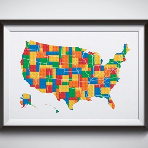 Wydrukowana mapa Stanów Zjednoczonych Ameryki z klocków budowlanych, sztuka ścienna do pokoju dziecięcego inspirowana klockami budowlanymi, plakat dekoracyjny z mapą USA