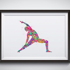 May include: A colorful watercolor painting of a person in a yoga pose. The person is in a lunge position with their arms raised above their head. The painting is done in a variety of bright colors, including pink, blue, green, and yellow.