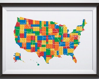 Printable Building Block United States of America Map Print, Building Block Inspired Nursery Wall Art, USA Map Decor Poster