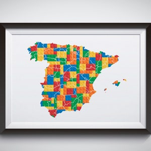 Wydrukuj mapę Hiszpanii z klocków budowlanych, wystrój klocków budowlanych, sztuka ścienna do pokoju dziecięcego inspirowana klockami budowlanymi, plakat dekoracyjny z mapą Hiszpanii