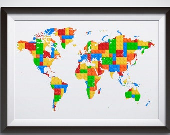 Impresión de mapa mundial de bloques de construcción imprimible, decoración de bloques de construcción, arte de pared de vivero inspirado en bloques de construcción, cartel de decoración de mapas mundiales