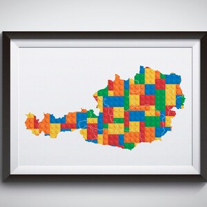 Wydrukowana mapa Austrii z klocków budowlanych, dekoracja z klocków budowlanych, sztuka ścienna do pokoju dziecięcego inspirowana klockami budowlanymi, plakat dekoracyjny z mapą Austrii