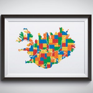 Wydrukuj mapę Islandii z klocków budowlanych, wystrój klocków budowlanych, sztuka ścienna do pokoju dziecięcego inspirowana klockami budowlanymi, plakat dekoracyjny z mapą Islandii