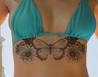 Floral Butterfly Sternum or Back Temporary Tattoo  Underboob Chest Waterproof Body Art Womens a4 width