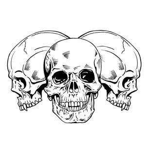 Może przedstawiać: Czarno-biały rysunek trzech ludzkich czaszek. Czaszka w środku jest zwrócona przodem, a czaszki po bokach są zwrócone bokiem. Wszystkie trzy czaszki mają zęby.