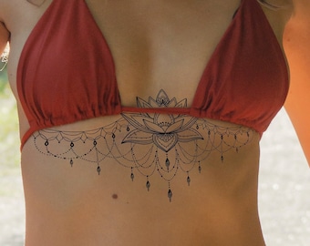 Jewel Lotus Sternum or Back Temporary Tattoo  Hanging Chain Tear Drop Arabic Underboob Chest Waterproof Body Art Womens a4 width