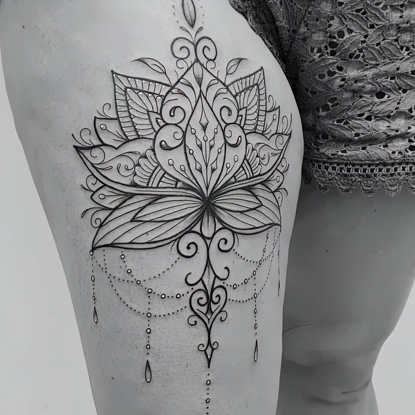 Jewel Mandala Ornamental Lotus Flower Thigh Temporary Tattoo