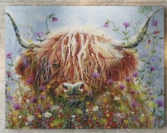 Highland Kuh in wilden Blumen, Highland Coo, druckbare Wandkunst, schottische Farm Animal, Highland Beast, Highland Cattle Print, Schottland Blumen