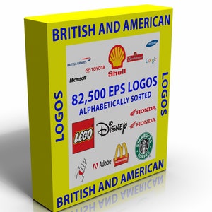 Pode incluir: Uma caixa amarela com o texto "British and American Logos" e "82.500 logos EPS ordenados alfabeticamente". A caixa apresenta uma variedade de logotipos, incluindo Shell, Disney, Lego, Starbucks e Honda.