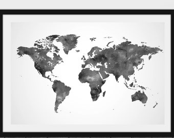 Carte du monde imprimable noir blanc gris, aquarelle minimaliste, affiche de carte scandinave, art mural de carte du monde, impression de carte du monde art numérique