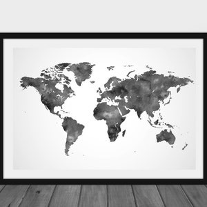 Carte du monde imprimable noir blanc gris, aquarelle minimaliste, affiche de carte scandinave, art mural de carte du monde, impression de carte du monde art numérique