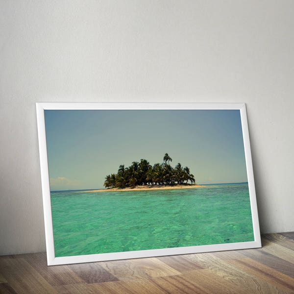 Desert Island Print, Shipwrecked on, Sandy Beach Modern Wall Art, Digital Download,Bedroom Decor, Palm Tree Island Photo, Turquoise Blue Sea