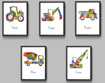 Printable Building Blocks Construction Theme Vehicle Nursery Pictures, Set of 5 Wall Art Prints Fun Digger Print Tractor Dumper Crane Mixer