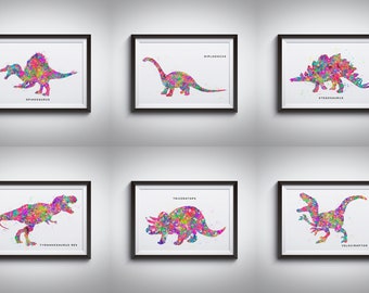 Printable Dinosaur Watercolor Wall Art Decor, Set of 6, Dinosaur Gift, Dinosaurs Picture Prints Instant Download