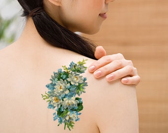 Vintage floral temporary tattoo Forget-me-not posy blue and white flower temporary tattoo - large size