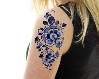 Floral temporary tattoo watercolor inspired Blue Flower temporary tattoo