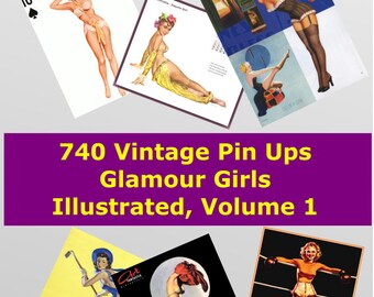 Może przedstawiać: Kolekcja vintage ilustracji pin-up. Obrazy przedstawiają kobiety w różnych pozach i sceneriach, w tym kobietę w stroju kąpielowym na plaży, kobietę w sukience na rowerze i kobietę w stroju kąpielowym na łodzi. Obrazy są wszystkie kolorowe i mają retro charakter.