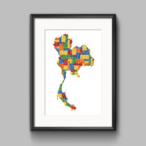 Wydrukuj mapę Tajlandii z klocków budowlanych, wystrój klocków budowlanych, sztuka ścienna do pokoju dziecięcego inspirowana klockami budowlanymi, plakat dekoracyjny mapy Tajlandii