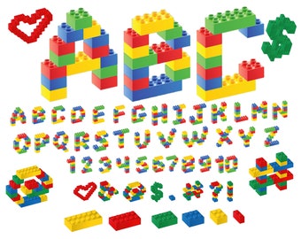 May include: Colorful plastic alphabet blocks in red, yellow, blue, and green, spelling out the alphabet, numbers 1-10, and symbols including a heart, dollar sign, and question mark.