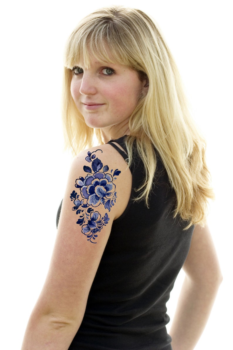 Floral temporary tattoo watercolor inspired Blue Flower temporary tattoo image 1