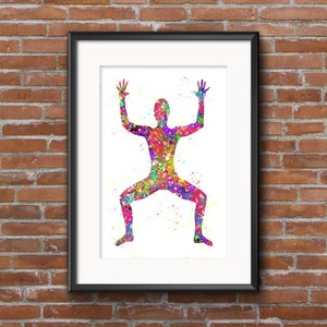 May include: A colourful watercolour painting of a person in a yoga pose. The person is outlined in a silhouette with splashes of pink, blue, green, yellow, and purple paint.