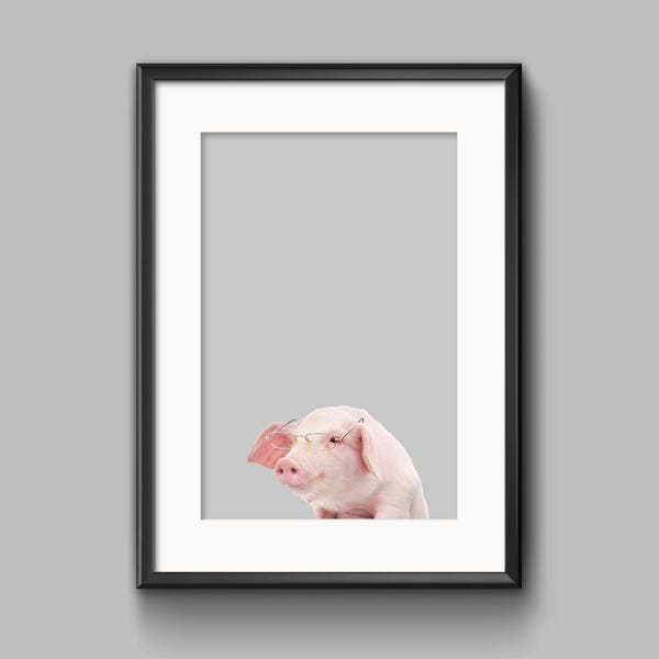 Clever Pig Print, Nursery Wall Art Decor, Large Printable Kids Room Poster, Peekaboo Art, Baby Shower, Farm Animal Photo Art