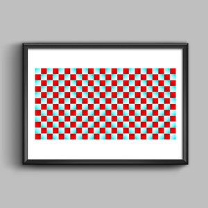May include: A framed print of a red and blue checkered pattern. The squares are arranged in a repeating pattern, creating an optical illusion.