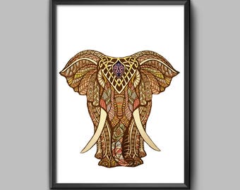 Dekorierter Elefant Druck,indische Kunst,druckbare Wandkunst,ethnische Kunst,Vektor Farbe verziert indischer Elefant,digitaler Download,druckbares Poster