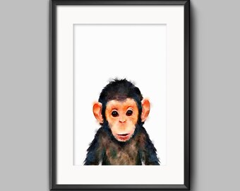 印刷可能な水彩画の赤ちゃんチンパンジーの保育園の動物プリント