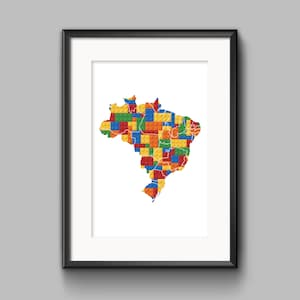 Wydrukuj mapę Brazylii z klocków budowlanych, wystrój klocków budowlanych, sztuka ścienna do pokoju dziecięcego inspirowana klockami budowlanymi, plakat dekoracyjny z mapą Brazylii